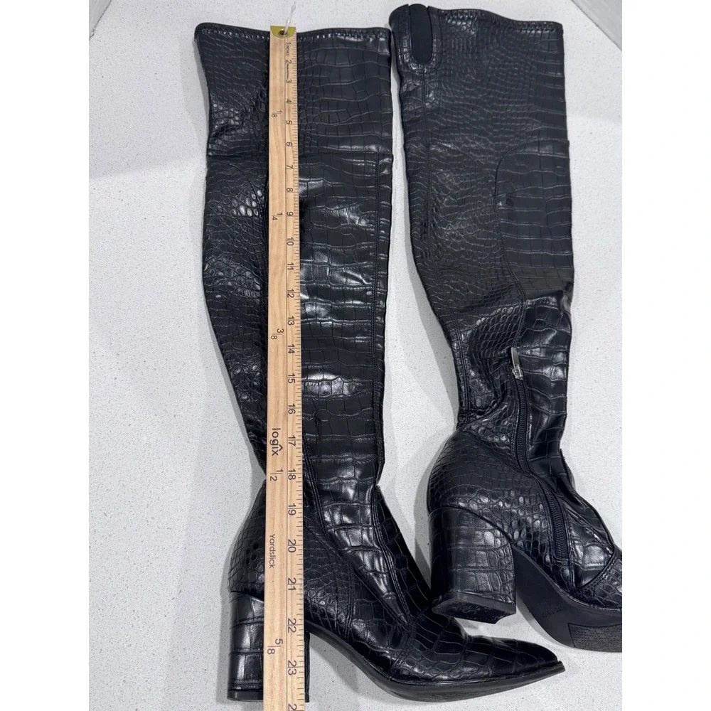 Marc Fisher Lalena 2‎ Black Boots Block Heel Knee High Croc Embossed 6.5M